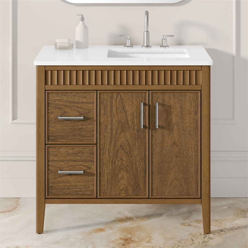 OVE Juliette 36 in. Warm Walnut Bathroom Vanity with White Quartz Brushed Nickel
