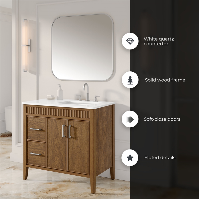 OVE Juliette 36 in. Warm Walnut Bathroom Vanity with White Quartz Brushed Nickel