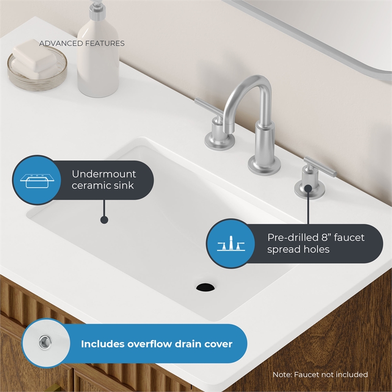 OVE Juliette 36 in. Warm Walnut Bathroom Vanity with White Quartz Brushed Nickel