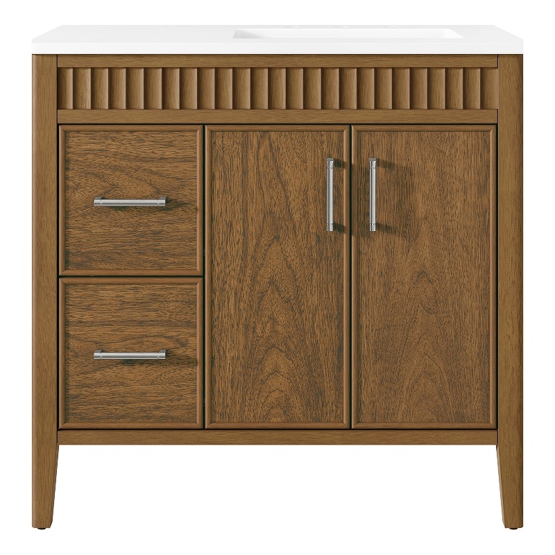 OVE Juliette 36 in. Warm Walnut Bathroom Vanity with White Quartz Brushed Nickel