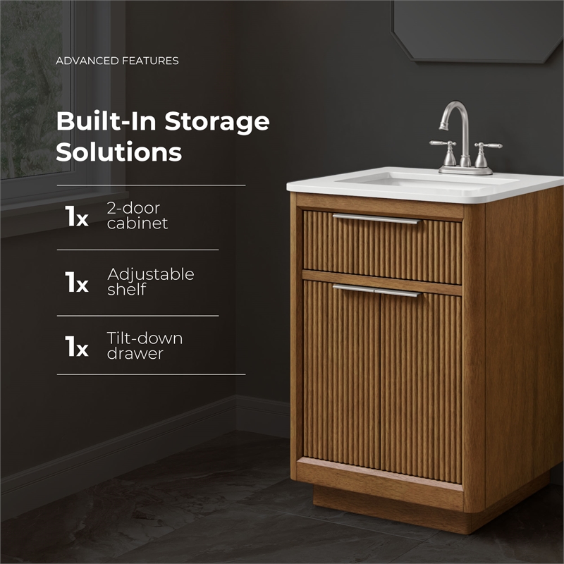 OVE Xander 24 in. Warm Walnut Bathroom Vanity with White Quartz Brushed Nickel