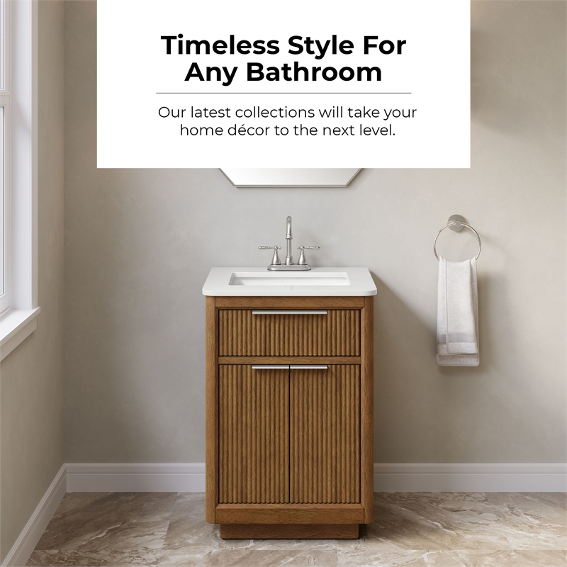 OVE Xander 24 in. Warm Walnut Bathroom Vanity with White Quartz Brushed Nickel