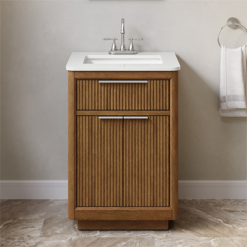 OVE Xander 24 in. Warm Walnut Bathroom Vanity with White Quartz Brushed Nickel