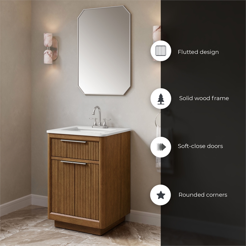 OVE Xander 24 in. Warm Walnut Bathroom Vanity with White Quartz Brushed Nickel