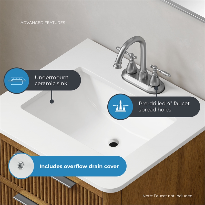 OVE Xander 24 in. Warm Walnut Bathroom Vanity with White Quartz Brushed Nickel
