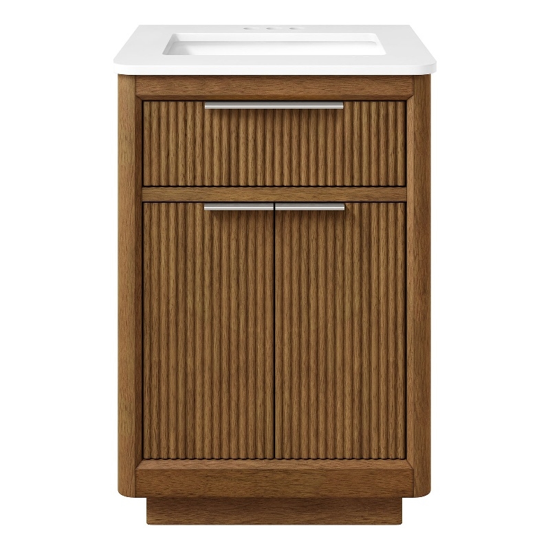 OVE Xander 24 in. Warm Walnut Bathroom Vanity with White Quartz Brushed Nickel
