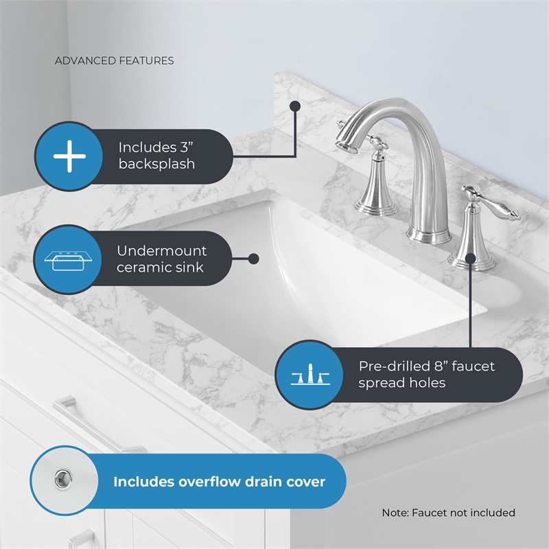 Tahoe 30 in. Bathroom Vanity in Pure White with White Countertop