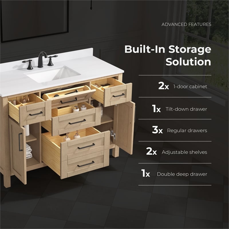 Tahoe 48 in. Bathroom Vanity in Sahara Birch with White Countertop
