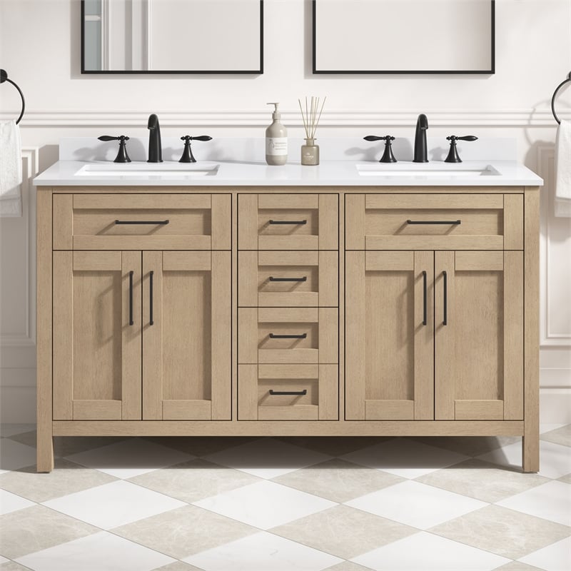 Tahoe 60 in. Bathroom Vanity in Sahara Birch with White Countertop