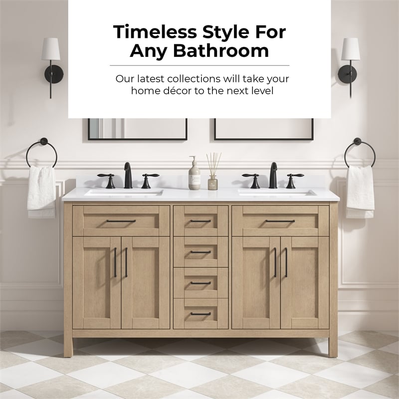 Tahoe 60 in. Bathroom Vanity in Sahara Birch with White Countertop