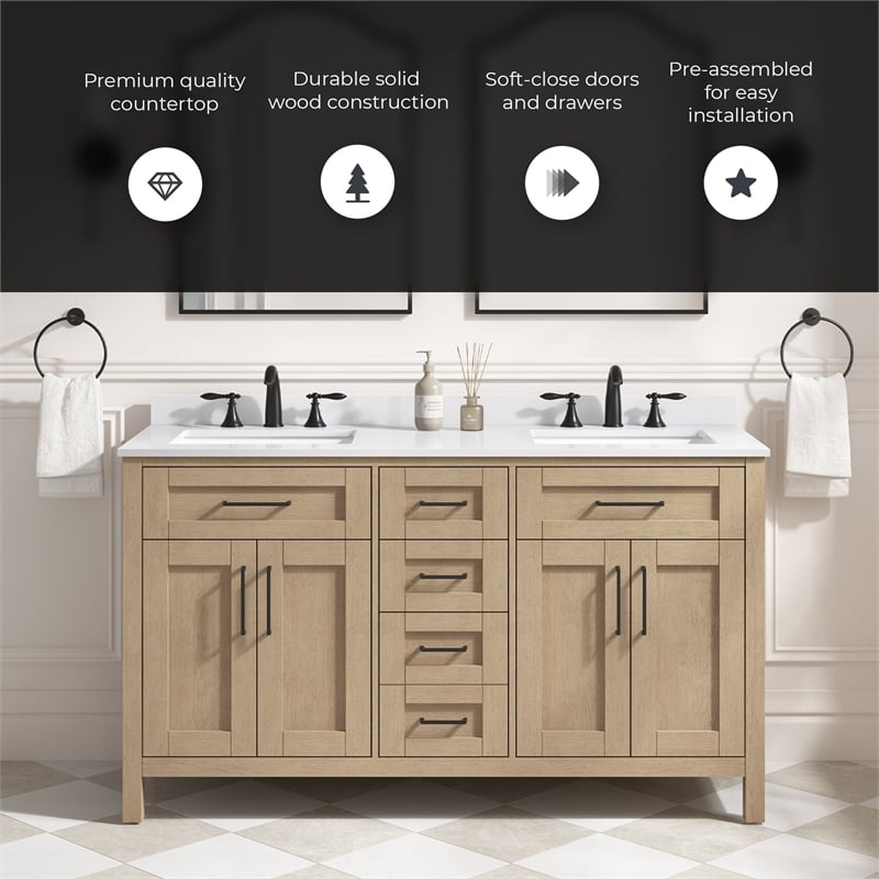Tahoe 60 in. Bathroom Vanity in Sahara Birch with White Countertop
