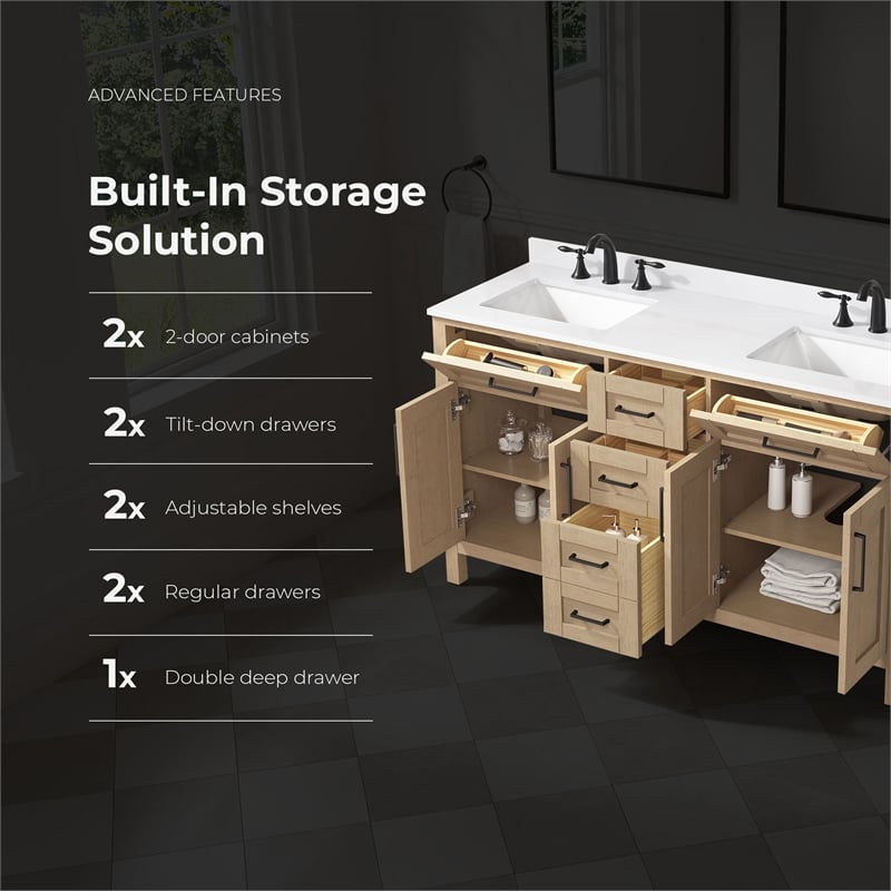 Tahoe 60 in. Bathroom Vanity in Sahara Birch with White Countertop