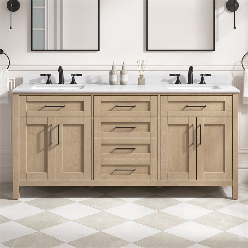 Tahoe 72 in. Bathroom Vanity in Sahara Birch with White Countertop