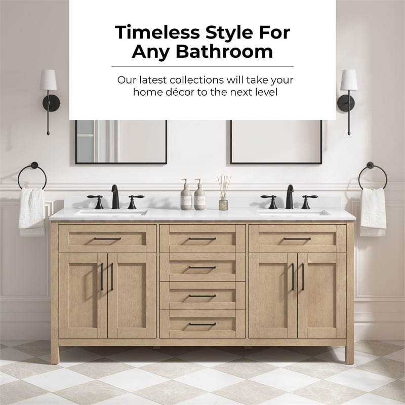 Tahoe 72 in. Bathroom Vanity in Sahara Birch with White Countertop