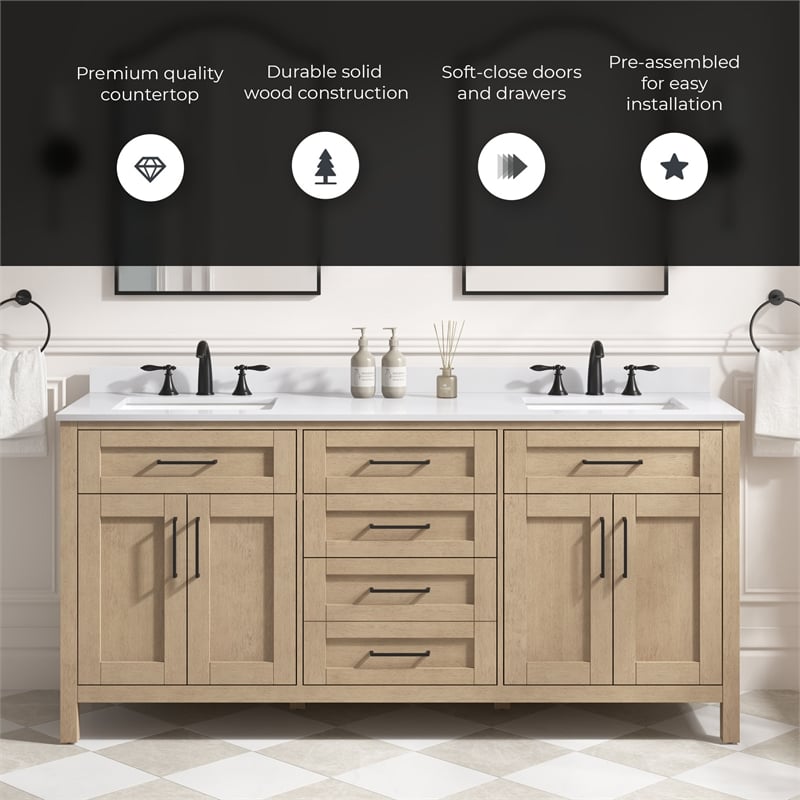 Tahoe 72 in. Bathroom Vanity in Sahara Birch with White Countertop