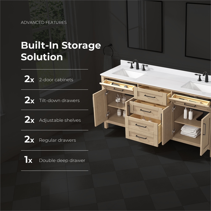 Tahoe 72 in. Bathroom Vanity in Sahara Birch with White Countertop