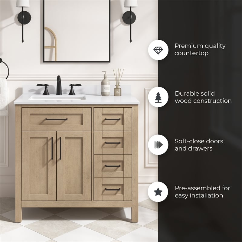 Tahoe 36 in. Bathroom Vanity in Sahara Birch with White Countertop