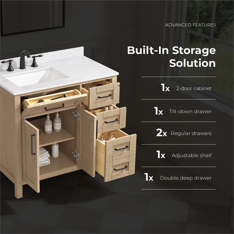 Tahoe 36 in. Bathroom Vanity in Sahara Birch with White Countertop