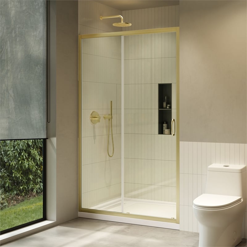 Breeze 48 x 36 x 72.83 in. Sraight Alcove Shower Kit in Gold with Door and Pan