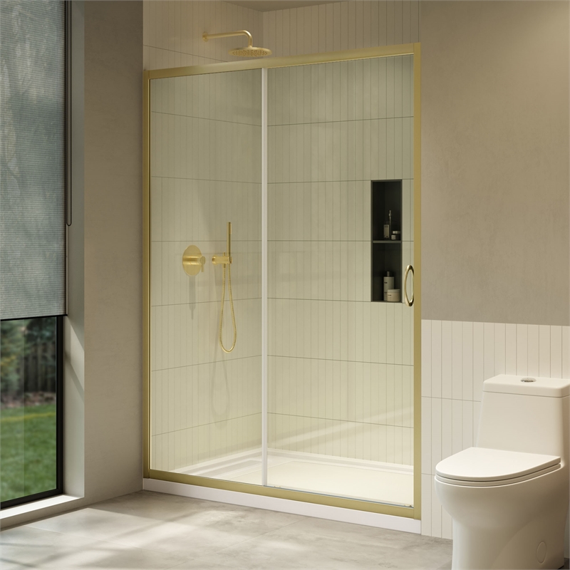 Breeze 60 x 36 x 72.83 in. Sraight Alcove Shower Kit in Gold with Door and Pan