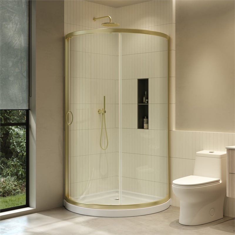 Breeze 44 x 44 x 72.83 in. Round Corner Shower Kit in Gold with Door and Pan