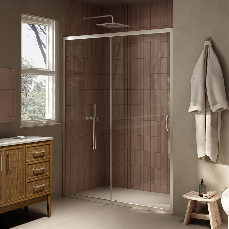 Breeze 58 in. Alcove Clear Glass Sliding Shower Door in Satin Nickel