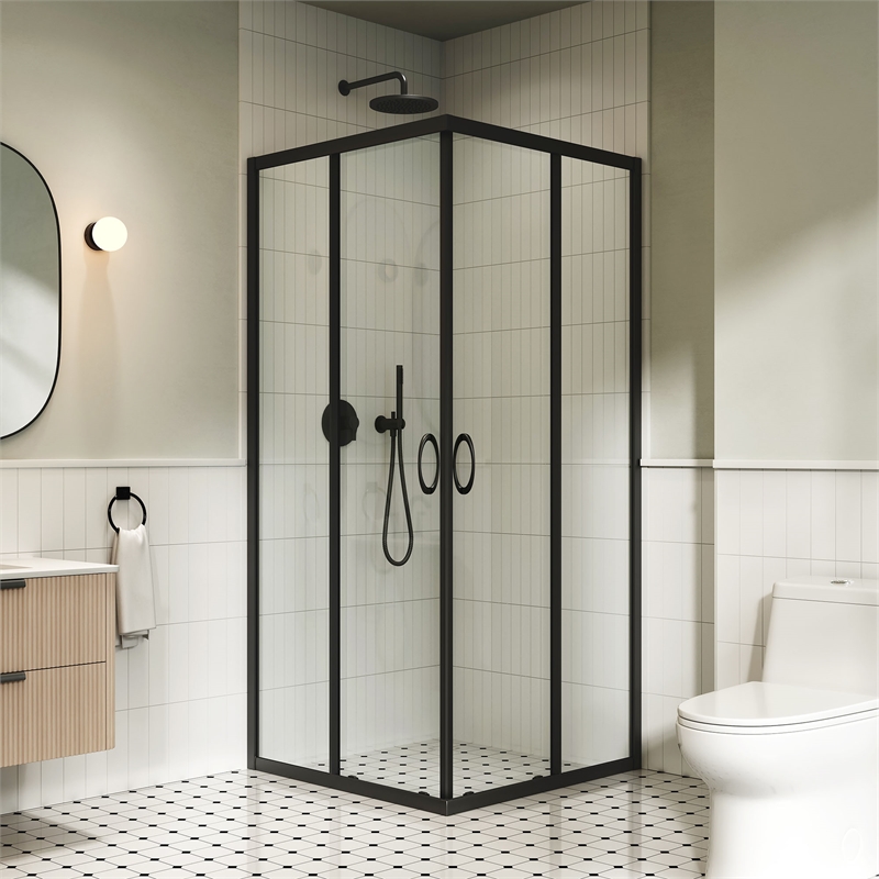 Breeze 34 in. x 34 in. x 73 in. Square Corner Clear Sliding Door in Black