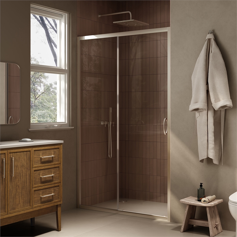 Breeze 46 in. Alcove Clear Glass Sliding Shower Door in Satin Nickel