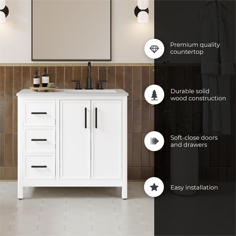 Solas 36 in. Bathroom Vanity in Pure White with White Countertop