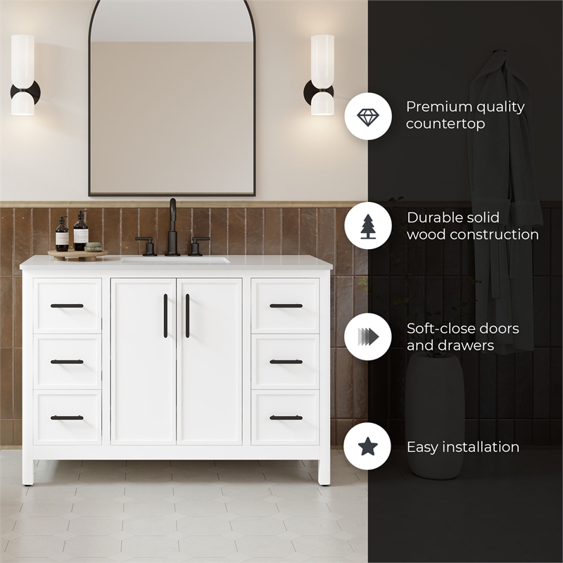 Solas 48 in. Bathroom Vanity in Pure White with White Countertop