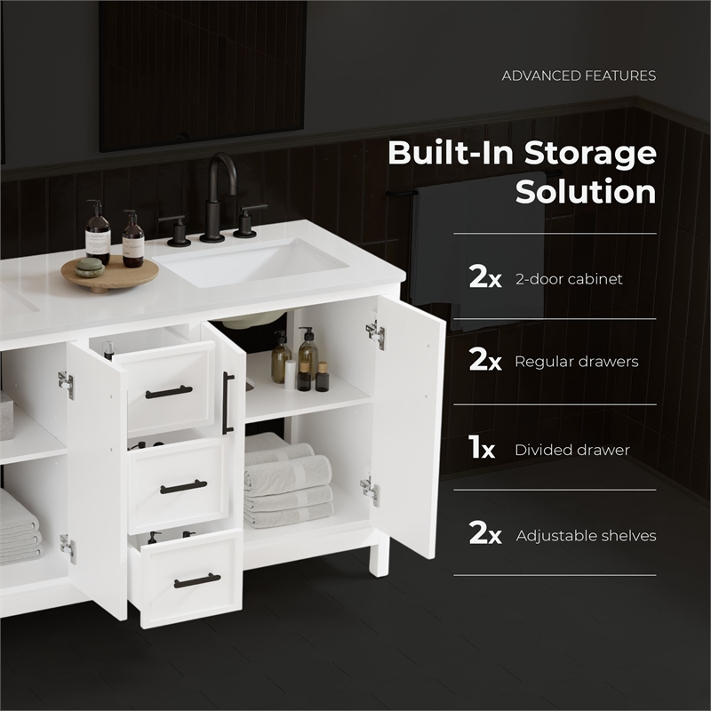Solas 60 in. Bathroom Vanity in Pure White with White Countertop