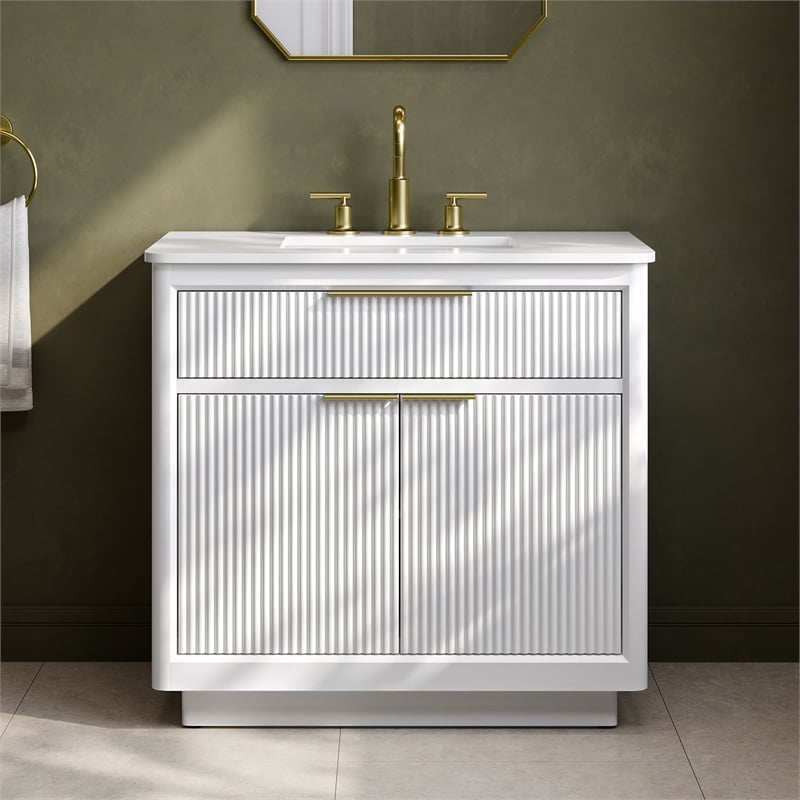 Xander 36 in. Pure White Bathroom Vanity with Brushed Gold Hardware