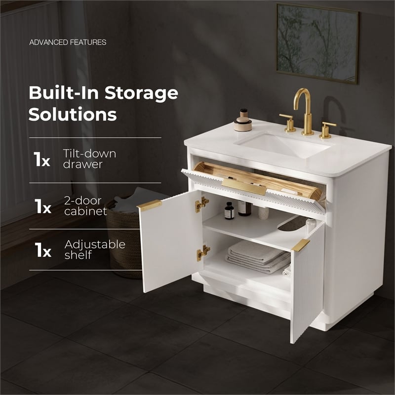 Xander 36 in. Pure White Bathroom Vanity with Brushed Gold Hardware