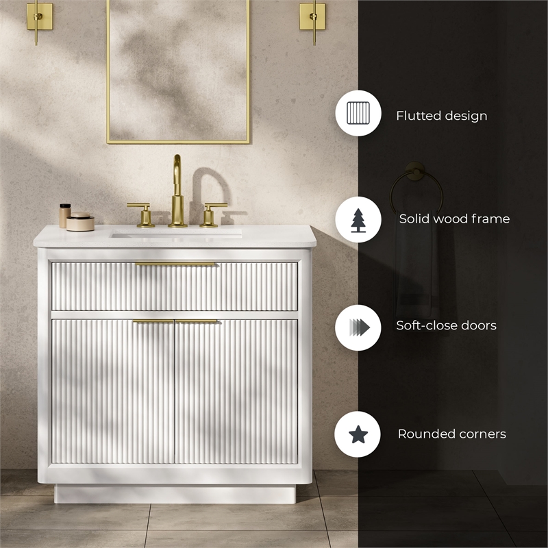 Xander 36 in. Pure White Bathroom Vanity with Brushed Gold Hardware