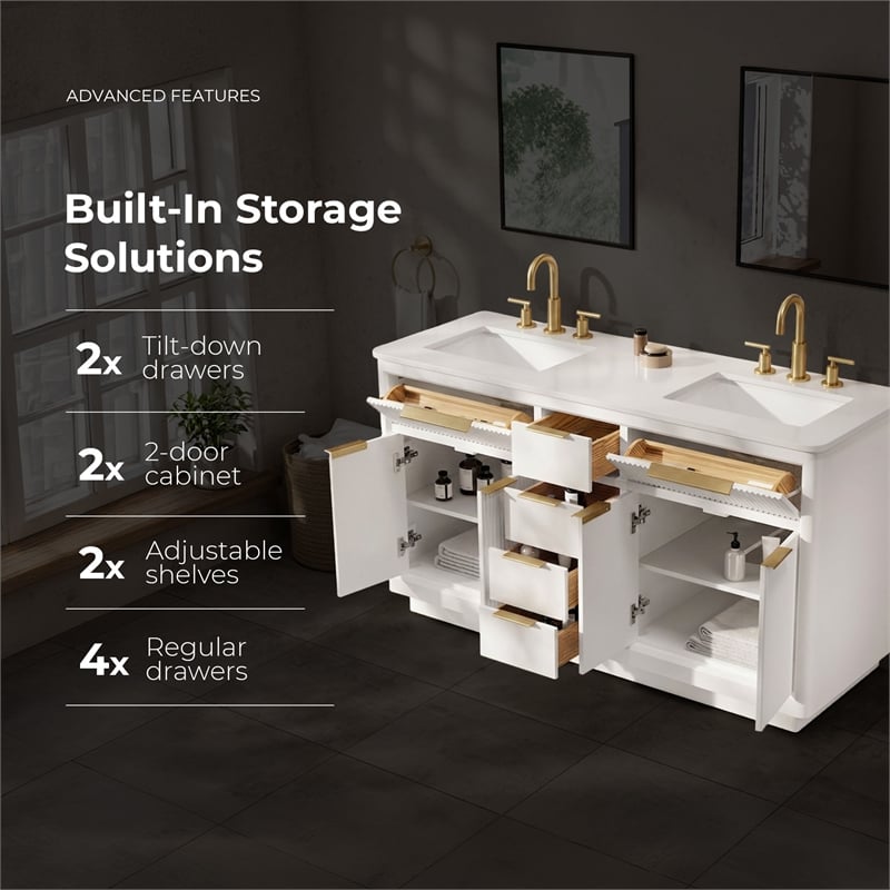 Xander 60 in. Pure White Bathroom Vanity with Brushed Gold Hardware