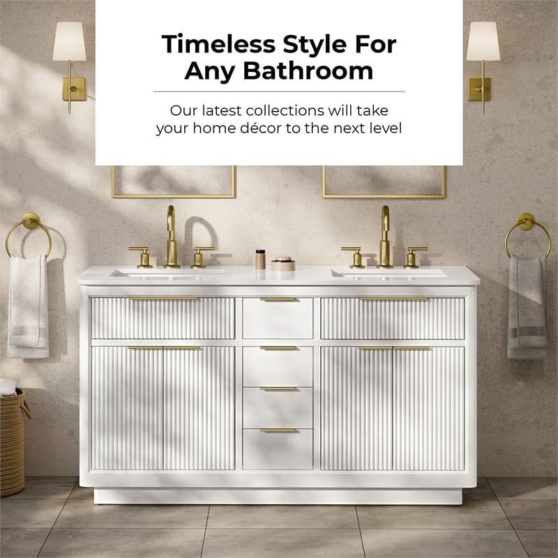 Xander 60 in. Pure White Bathroom Vanity with Brushed Gold Hardware
