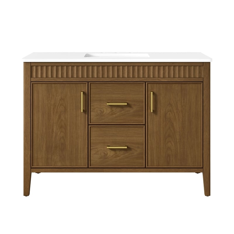OVE Juliette 48 in. Warm Walnut Bathroom Vanity with White Quartz Brushed Gold