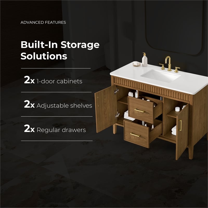 OVE Juliette 48 in. Warm Walnut Bathroom Vanity with White Quartz Brushed Gold