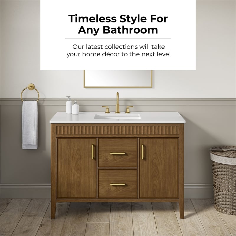 OVE Juliette 48 in. Warm Walnut Bathroom Vanity with White Quartz Brushed Gold