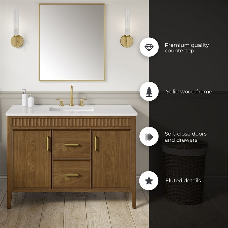 OVE Juliette 48 in. Warm Walnut Bathroom Vanity with White Quartz Brushed Gold