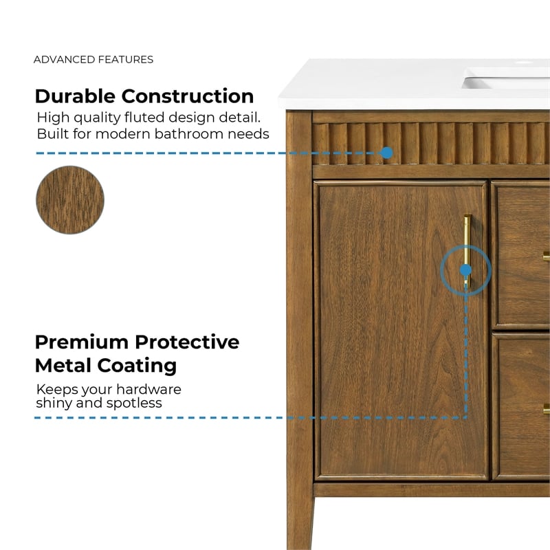 OVE Juliette 48 in. Warm Walnut Bathroom Vanity with White Quartz Brushed Gold