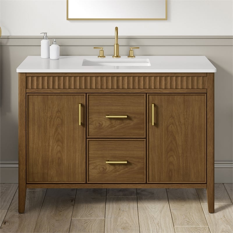 OVE Juliette 48 in. Warm Walnut Bathroom Vanity with White Quartz Brushed Gold
