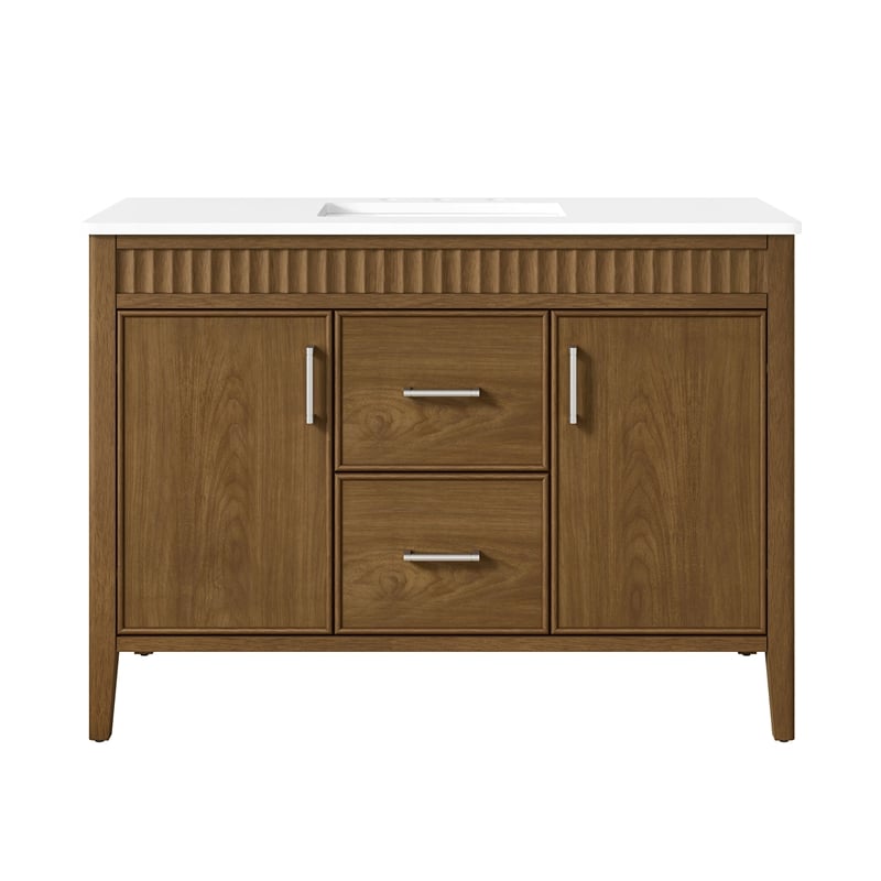 OVE Juliette 48 in. Warm Walnut Bathroom Vanity with White Quartz Brushed Nickel