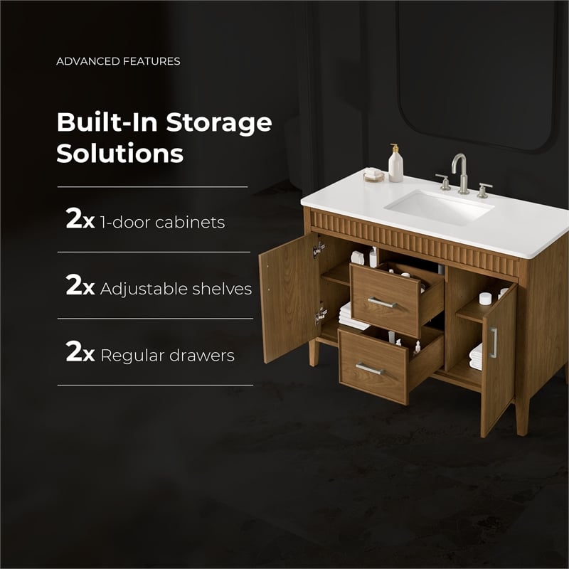 OVE Juliette 48 in. Warm Walnut Bathroom Vanity with White Quartz Brushed Nickel