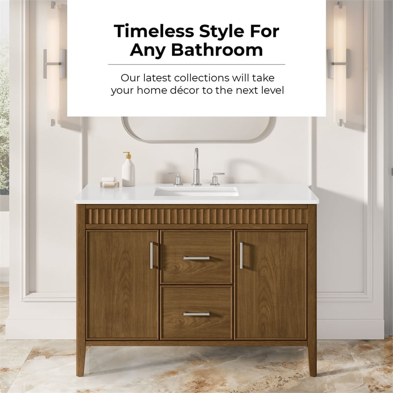 OVE Juliette 48 in. Warm Walnut Bathroom Vanity with White Quartz Brushed Nickel