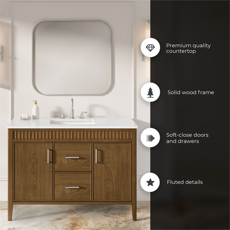 OVE Juliette 48 in. Warm Walnut Bathroom Vanity with White Quartz Brushed Nickel