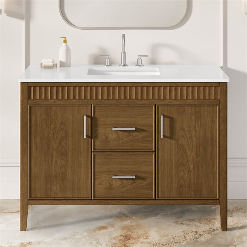 OVE Juliette 48 in. Warm Walnut Bathroom Vanity with White Quartz Brushed Nickel