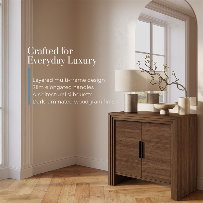 OVE Jenna 35 in. Modern Fluted Accent Cabinet in Warm Walnut with Matte Black Hardware