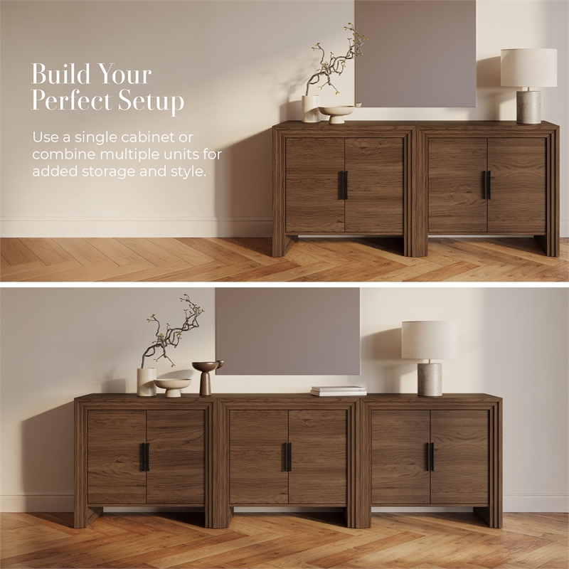 OVE Jenna 35 in. Modern Fluted Accent Cabinet in Warm Walnut with Matte Black Hardware