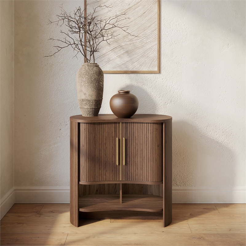 OVE Sarah 32 in. Modern Accent Cabinet in Warm Walnut with Brushed Gold Hardware